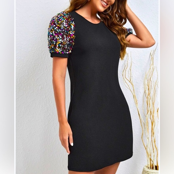 SHEIN Dresses & Skirts - Black Short Sleeve Dress with Multicolor Sequin Puff Sleeves